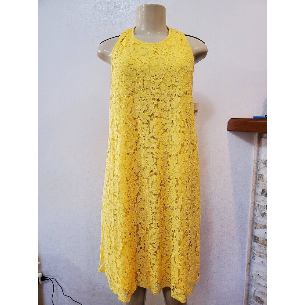 $70 NEW YORK & COMPANY YELLOW LACE SLEEVELESS DRESS SIZE L #158